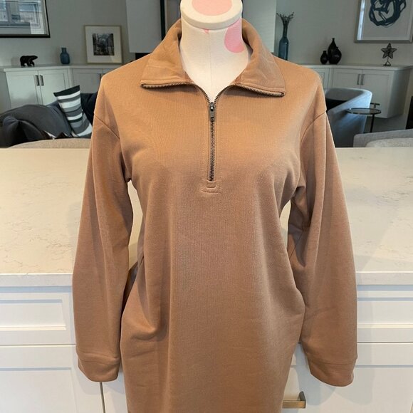 Wishlist 1/4 Zip LS Collared Drop Shoulders Sweatshirt Midi Dress Tan Sz S NWOT - Picture 3 of 12